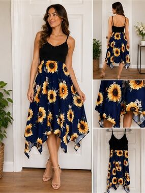 Black & Navy Sunflower Spaghetti Strap Dress